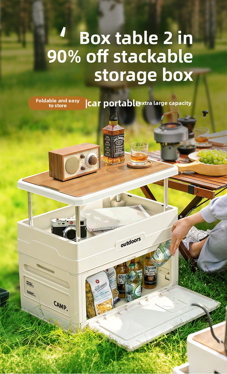Outdoor Camping Folding Storage Box - Camping Opvouwbare Opbergbox met Houten Deksel,